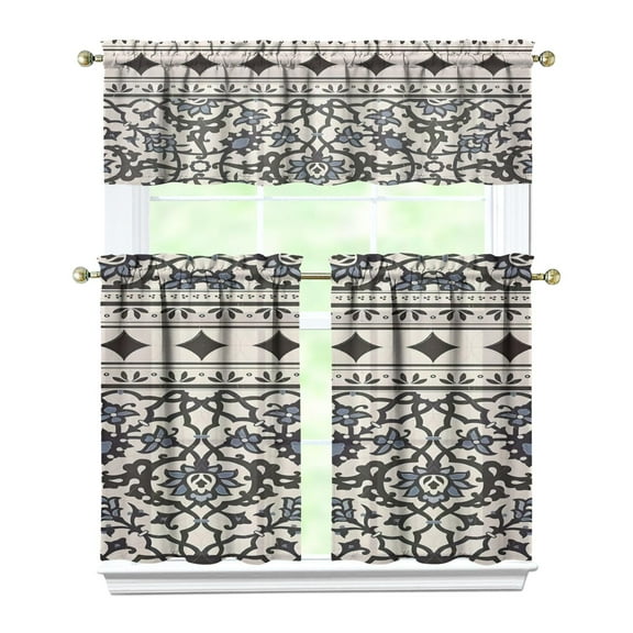 Kitchen Curtains 36 Inch Short - 3 Panel Set, Rod Pocket Window Curtain, Boho Floral Tribal Style, 100% Polyester for Farmhouse, Kitchen, Cafe, Bedroom, Easy Wash