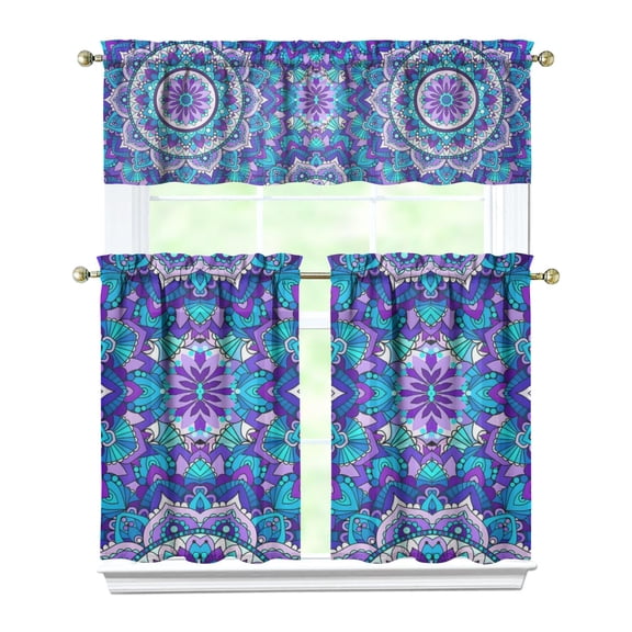 Kitchen Curtains 36 Inch Short - 3 Panel Set, Rod Pocket Window Curtain, Boho Floral Tribal Style, 100% Polyester for Farmhouse, Kitchen, Cafe, Bedroom, Easy Wash