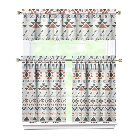 Kitchen Curtains 36 Inch Short - 3 Panel Set, Rod Pocket Window Curtain, Boho Floral Tribal Style, 100% Polyester for Farmhouse, Kitchen, Cafe, Bedroom, Easy Wash