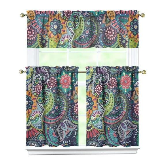 Kitchen Curtains 36 Inch Short - 3 Panel Set, Rod Pocket Window Curtain, Boho Floral Tribal Style, 100% Polyester for Farmhouse, Kitchen, Cafe, Bedroom, Easy Wash