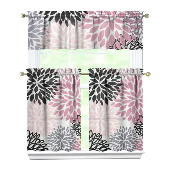 Kitchen Curtains 36 Inch Short - 3 Panel Set, Rod Pocket Window Curtain, Boho Floral Tribal Style, 100% Polyester for Farmhouse, Kitchen, Cafe, Bedroom, Easy Wash