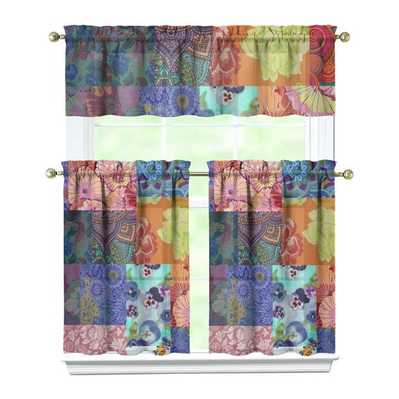 Kitchen Curtains 36 Inch Short - 3 Panel Set, Rod Pocket Window Curtain, Boho Floral Tribal Style, 100% Polyester for Farmhouse, Kitchen, Cafe, Bedroom, Easy Wash