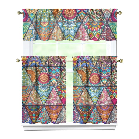Kitchen Curtains 36 Inch Short - 3 Panel Set, Rod Pocket Window Curtain, Boho Floral Tribal Style, 100% Polyester for Farmhouse, Kitchen, Cafe, Bedroom, Easy Wash
