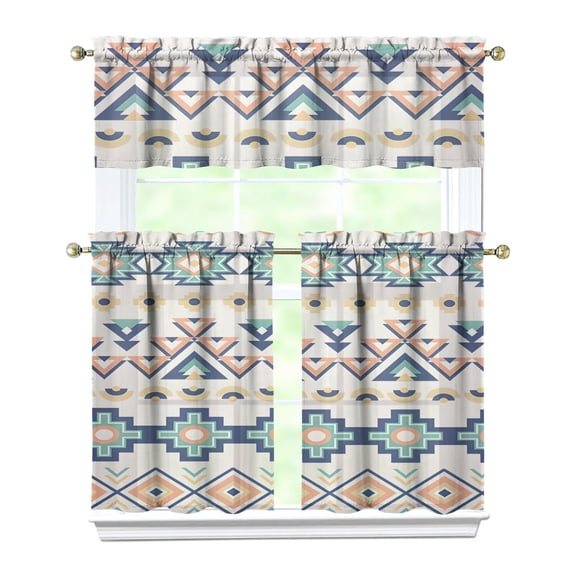 Kitchen Curtains 36 Inch Short - 3 Panel Set, Rod Pocket Window Curtain, Boho Floral Tribal Style, 100% Polyester for Farmhouse, Kitchen, Cafe, Bedroom, Easy Wash