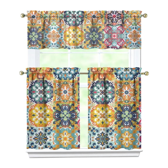 Kitchen Curtains 36 Inch Short - 3 Panel Set, Rod Pocket Window Curtain, Boho Floral Tribal Style, 100% Polyester for Farmhouse, Kitchen, Cafe, Bedroom, Easy Wash