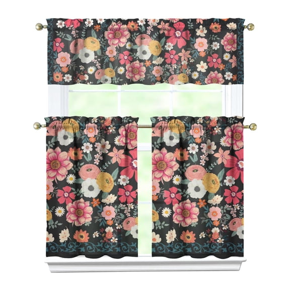 Kitchen Curtains 36 Inch Short - 3 Panel Set, Rod Pocket Window Curtain, Boho Floral Tribal Style, 100% Polyester for Farmhouse, Kitchen, Cafe, Bedroom, Easy Wash