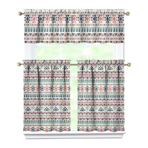 Kitchen Curtains 36 Inch Short - 3 Panel Set, Rod Pocket Window Curtain, Boho Floral Tribal Style, 100% Polyester for Farmhouse, Kitchen, Cafe, Bedroom, Easy Wash