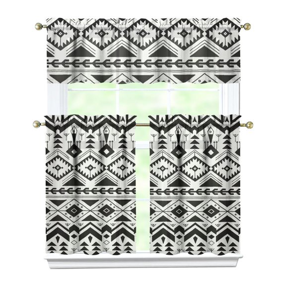 Kitchen Curtains 36 Inch Short - 3 Panel Set, Rod Pocket Window Curtain, Boho Floral Tribal Style, 100% Polyester for Farmhouse, Kitchen, Cafe, Bedroom, Easy Wash