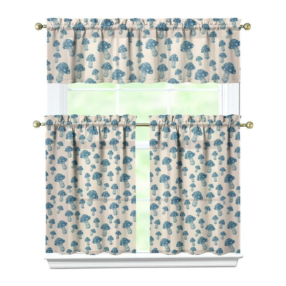 Kitchen Curtains 36 Inch Short - 3 Panel Set, Rod Pocket Window Curtain with Boho Vintage Mushroom Print, 100% Polyester for Farmhouse, Cafe, Kitchen, Bedroom, Easy Wash