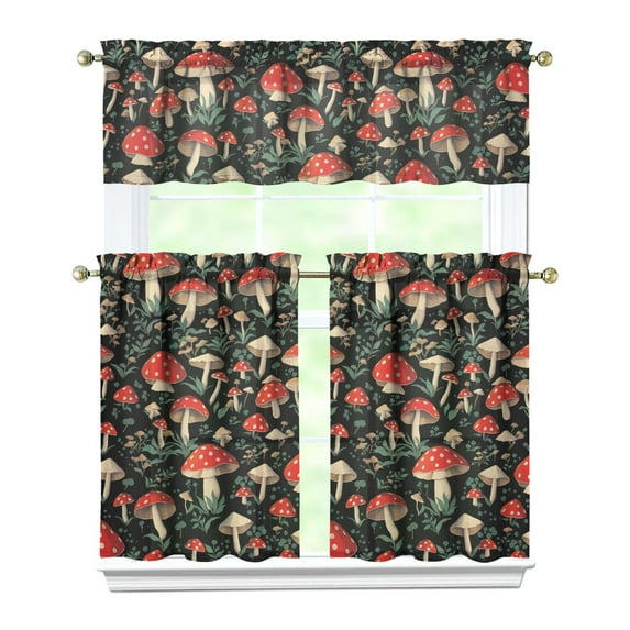 Kitchen Curtains 36 Inch Short - 3 Panel Set, Rod Pocket Window Curtain with Boho Vintage Mushroom Print, 100% Polyester for Farmhouse, Cafe, Kitchen, Bedroom, Easy Wash
