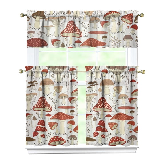 Kitchen Curtains 36 Inch Short - 3 Panel Set, Rod Pocket Window Curtain with Boho Vintage Mushroom Print, 100% Polyester for Farmhouse, Cafe, Kitchen, Bedroom, Easy Wash