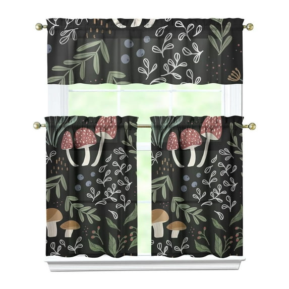 Kitchen Curtains 36 Inch Short - 3 Panel Set, Rod Pocket Window Curtain with Boho Vintage Mushroom Print, 100% Polyester for Farmhouse, Cafe, Kitchen, Bedroom, Easy Wash