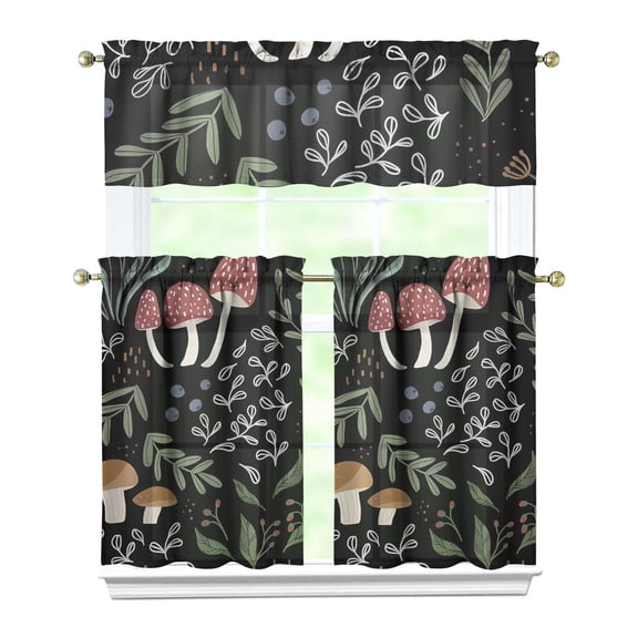 Kitchen Curtains 36 Inch Short - 3 Panel Set, Rod Pocket Window Curtain with Boho Vintage Mushroom Print, 100% Polyester for Farmhouse, Cafe, Kitchen, Bedroom, Easy Wash