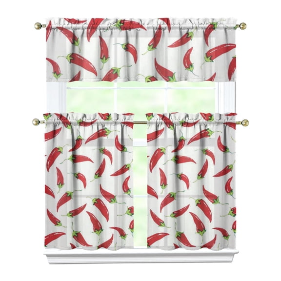 Kitchen Curtains 36 Inch Short - 3 Panel Set, Rod Pocket Window Curtain with Chili Pepper Pattern, 100% Polyester for Farmhouse, Cafe, Kitchen, Living Room, Bedroom, Easy Wash