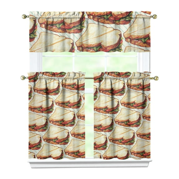 Kitchen Curtains 36 Inch Short - 3 Panel Set, Rod Pocket Window Curtain with Hamburger Sandwich Print, 100% Polyester for Farmhouse, Cafe, Kitchen, Bedroom, Easy Wash, Foodie Decor