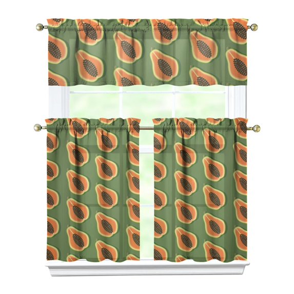 Kitchen Curtains 36 Inch Short - 3 Panel Set, Rod Pocket Window Curtain with Papaya Tropical Fruit Pattern, 100% Polyester for Farmhouse, Cafe, Kitchen, Living Room, Bedroom, Easy Wash