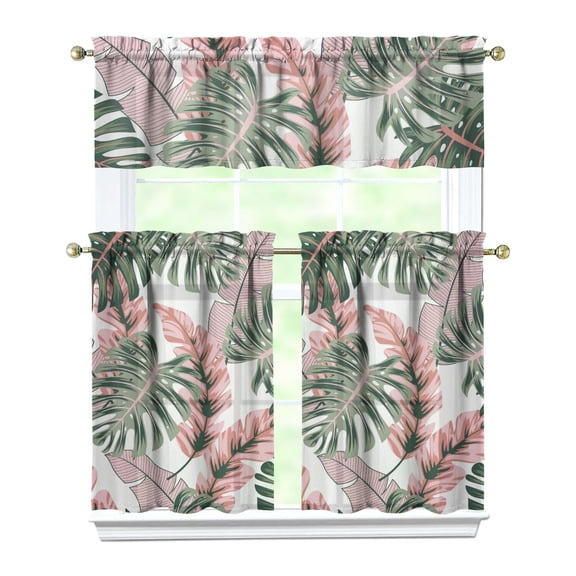 Kitchen Curtains 36 Inch Short - 3 Panel Set, Rod Pocket Window Curtain with Tropical Leaf Botanical Print, 100% Polyester for Farmhouse, Cafe, Kitchen, Bedroom, Easy Wash