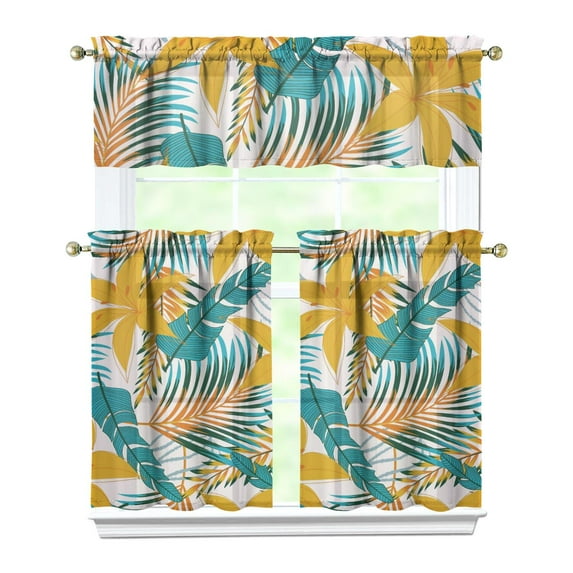 Kitchen Curtains 36 Inch Short - 3 Panel Set, Rod Pocket Window Curtain with Tropical Leaf Botanical Print, 100% Polyester for Farmhouse, Cafe, Kitchen, Bedroom, Easy Wash
