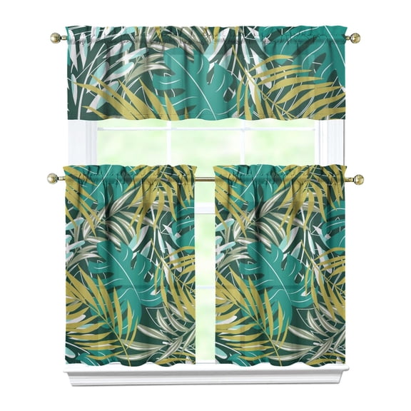 Kitchen Curtains 36 Inch Short - 3 Panel Set, Rod Pocket Window Curtain with Tropical Leaf Botanical Print, 100% Polyester for Farmhouse, Cafe, Kitchen, Bedroom, Easy Wash