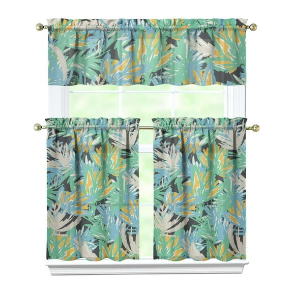Kitchen Curtains 36 Inch Short - 3 Panel Set, Rod Pocket Window Curtain with Tropical Leaf Botanical Print, 100% Polyester for Farmhouse, Cafe, Kitchen, Bedroom, Easy Wash