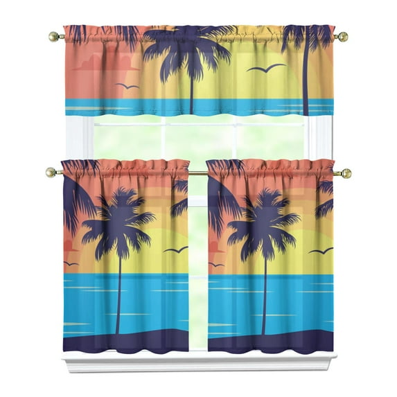 Kitchen Curtains 36 Inch Short - 3 Panel Set, Rod Pocket Window Curtain with Tropical Palm Tree Sunset Print, 100% Polyester for Boho Kitchen, Beach Room, Easy Wash