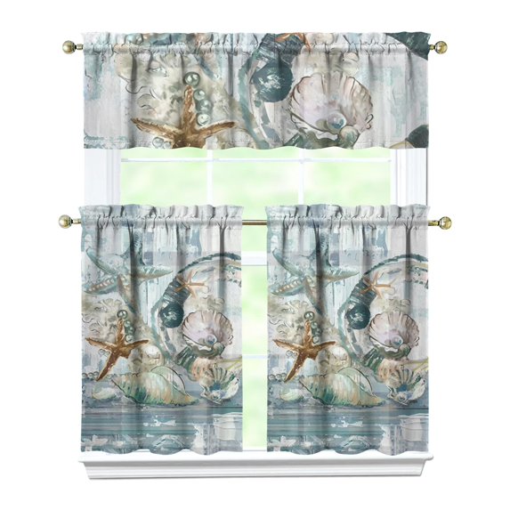 Kitchen Curtains 36 Inch Short - 3 Panel Set, Seashell Starfish Nautical Print, Rod Pocket Window Curtain for Tropical Beach Farmhouse, Sea Coral Cute Design, Easy Wash