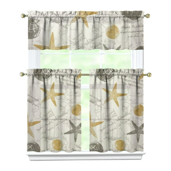 Kitchen Curtains 36 Inch Short - 3 Panel Set, Seashell Starfish Nautical Print, Rod Pocket Window Curtain for Tropical Beach Farmhouse, Sea Coral Cute Design, Easy Wash