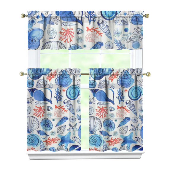 Kitchen Curtains 36 Inch Short - 3 Panel Set, Seashell Starfish Nautical Print, Rod Pocket Window Curtain for Tropical Beach Farmhouse, Sea Coral Cute Design, Easy Wash