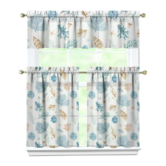 Kitchen Curtains 36 Inch Short - 3 Panel Set, Seashell Starfish Nautical Print, Rod Pocket Window Curtain for Tropical Beach Farmhouse, Sea Coral Cute Design, Easy Wash