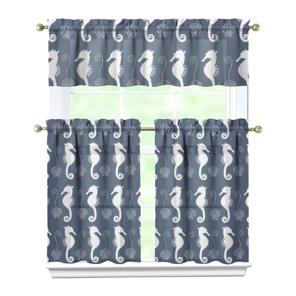 Kitchen Curtains 36 Inch Short - 3 Panel Set, Seashell Starfish Nautical Print, Rod Pocket Window Curtain for Tropical Beach Farmhouse, Sea Coral Cute Design, Easy Wash