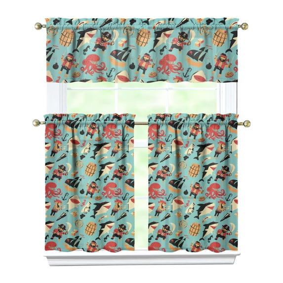 Kitchen Curtains 36 Inch Short - 3 Panel Set, Shark Whale Dolphin Ocean Theme, Rod Pocket Window Curtain, 100% Polyester for Nautical Farmhouse Kitchen, Easy Wash