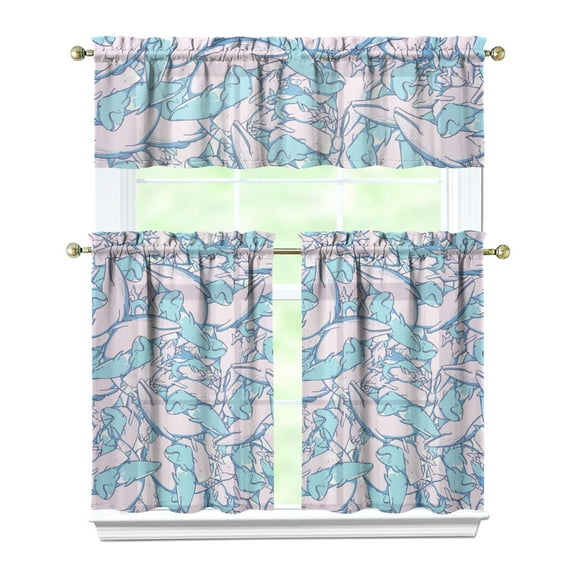 Kitchen Curtains 36 Inch Short - 3 Panel Set, Shark Whale Dolphin Ocean Theme, Rod Pocket Window Curtain, 100% Polyester for Nautical Farmhouse Kitchen, Easy Wash