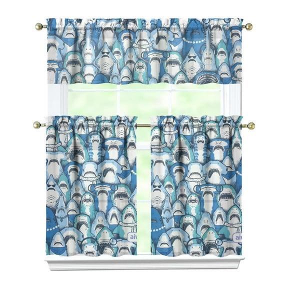 Kitchen Curtains 36 Inch Short - 3 Panel Set, Shark Whale Dolphin Ocean Theme, Rod Pocket Window Curtain, 100% Polyester for Nautical Farmhouse Kitchen, Easy Wash