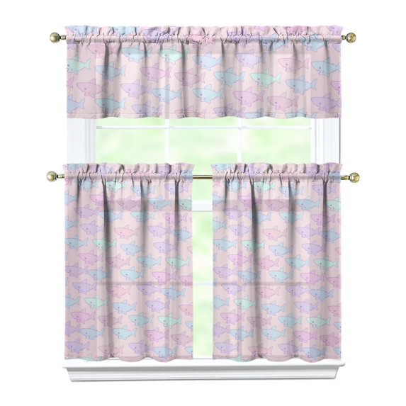 Kitchen Curtains 36 Inch Short - 3 Panel Set, Shark Whale Dolphin Ocean Theme, Rod Pocket Window Curtain, 100% Polyester for Nautical Farmhouse Kitchen, Easy Wash