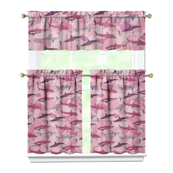 Kitchen Curtains 36 Inch Short - 3 Panel Set, Shark Whale Dolphin Ocean Theme, Rod Pocket Window Curtain, 100% Polyester for Nautical Farmhouse Kitchen, Easy Wash