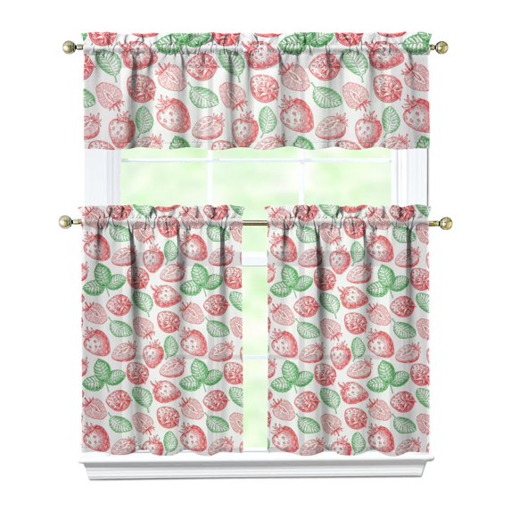 Kitchen Curtains 36 Inch Short - 3 Panel Set Strawberry Print, Rod Pocket Window Curtains 100% Polyester, Cute Fruit Valance for Farmhouse, Cafe, Living Room, Bedroom, Easy Wash