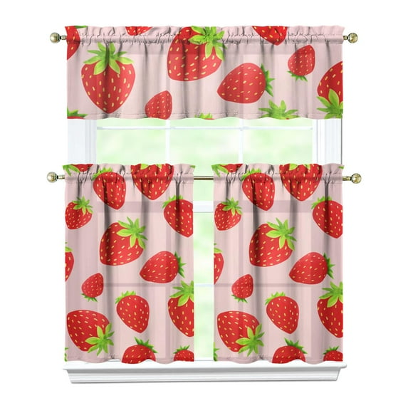 Kitchen Curtains 36 Inch Short - 3 Panel Set Strawberry Print, Rod Pocket Window Curtains 100% Polyester, Cute Fruit Valance for Farmhouse, Cafe, Living Room, Bedroom, Easy Wash