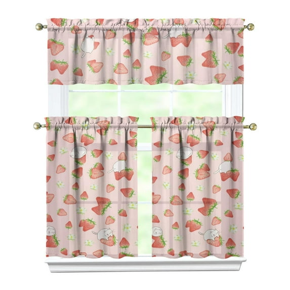 Kitchen Curtains 36 Inch Short - 3 Panel Set Strawberry Print, Rod Pocket Window Curtains 100% Polyester, Cute Fruit Valance for Farmhouse, Cafe, Living Room, Bedroom, Easy Wash