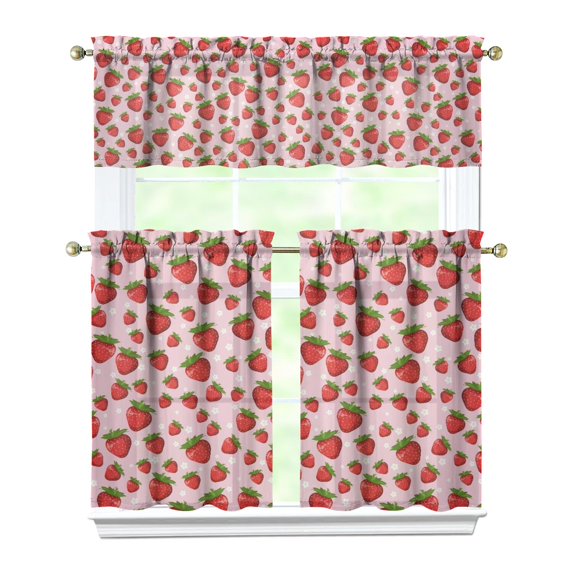 Kitchen Curtains 36 Inch Short - 3 Panel Set Strawberry Print, Rod Pocket Window Curtains 100% Polyester, Cute Fruit Valance for Farmhouse, Cafe, Living Room, Bedroom, Easy Wash