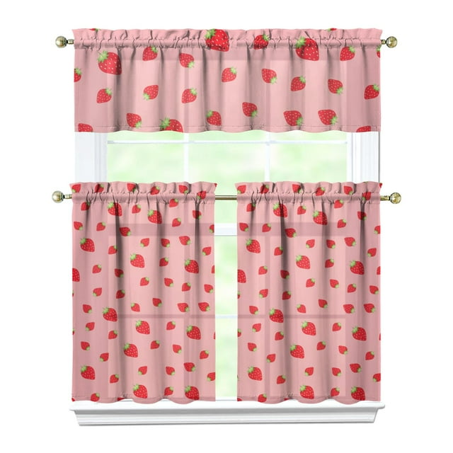 Kitchen Curtains 36 Inch Short - 3 Panel Set Strawberry Print, Rod Pocket Window Curtains 100% Polyester, Cute Fruit Valance for Farmhouse, Cafe, Living Room, Bedroom, Easy Wash