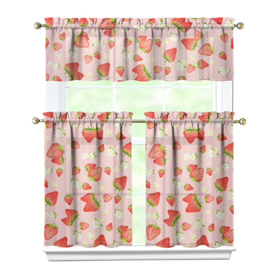 Kitchen Curtains 36 Inch Short - 3 Panel Set Strawberry Print, Rod Pocket Window Curtains 100% Polyester, Cute Fruit Valance for Farmhouse, Cafe, Living Room, Bedroom, Easy Wash