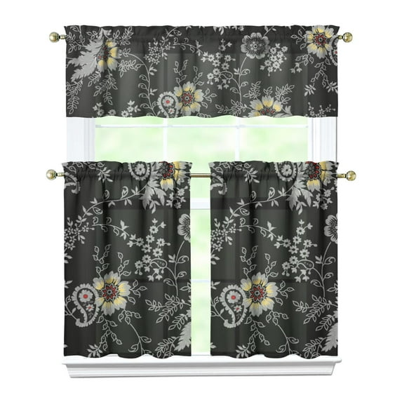 Kitchen Curtains 36 Inch Short - 3 Panel Set, Vintage Floral Butterfly Bee Botanical Print, Rod Pocket Window Curtain for Farmhouse, Modern Rustic, Spring Summer Decor, Easy Wash