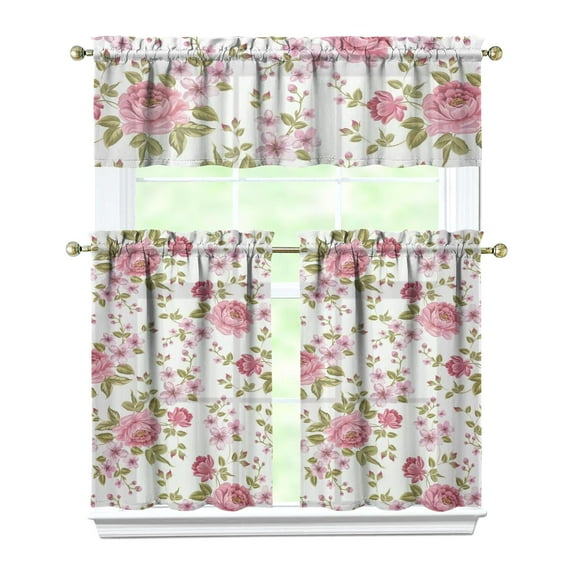 Kitchen Curtains 36 Inch Short - 3 Panel Set, Vintage Floral Butterfly Bee Botanical Print, Rod Pocket Window Curtain for Farmhouse, Modern Rustic, Spring Summer Decor, Easy Wash