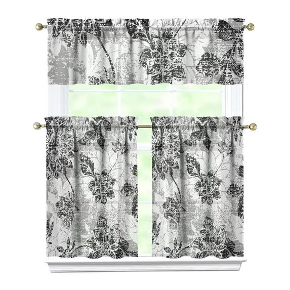 Kitchen Curtains 36 Inch Short - 3 Panel Set, Vintage Floral Butterfly Bee Botanical Print, Rod Pocket Window Curtain for Farmhouse, Modern Rustic, Spring Summer Decor, Easy Wash