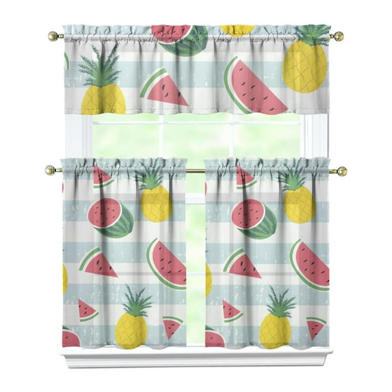 Kitchen Curtains 36 Inch Short - 3 Panel Set Watermelon Print, Rod Pocket Window Curtains 100% Polyester, Tropical Fruit Valance for Farmhouse, Cafe, Living Room, Bedroom, Easy Wash