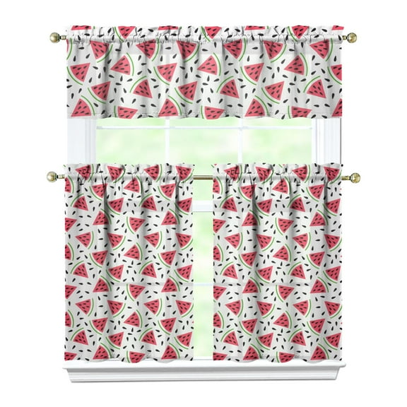 Kitchen Curtains 36 Inch Short - 3 Panel Set Watermelon Print, Rod Pocket Window Curtains 100% Polyester, Tropical Fruit Valance for Farmhouse, Cafe, Living Room, Bedroom, Easy Wash