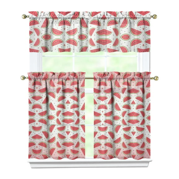 Kitchen Curtains 36 Inch Short - 3 Panel Set Watermelon Print, Rod Pocket Window Curtains 100% Polyester, Tropical Fruit Valance for Farmhouse, Cafe, Living Room, Bedroom, Easy Wash