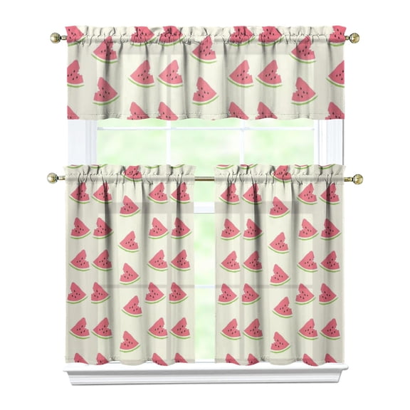 Kitchen Curtains 36 Inch Short - 3 Panel Set Watermelon Print, Rod Pocket Window Curtains 100% Polyester, Tropical Fruit Valance for Farmhouse, Cafe, Living Room, Bedroom, Easy Wash