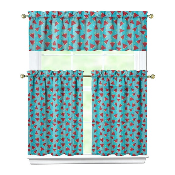 Kitchen Curtains 36 Inch Short - 3 Panel Set Watermelon Print, Rod Pocket Window Curtains 100% Polyester, Tropical Fruit Valance for Farmhouse, Cafe, Living Room, Bedroom, Easy Wash