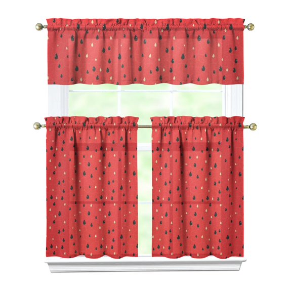 Kitchen Curtains 36 Inch Short - 3 Panel Set Watermelon Print, Rod Pocket Window Curtains 100% Polyester, Tropical Fruit Valance for Farmhouse, Cafe, Living Room, Bedroom, Easy Wash